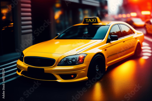 one Yellow modern cab taxi of night City in fast movement with motion blur  in the busy streets of illuminated downtown  traffic moves during evening. night city life. generative ai