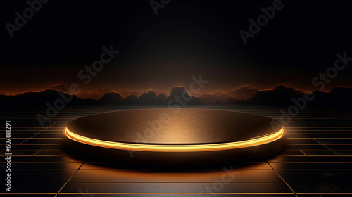 Minimal black scene with golden lines. Cylindrical gold and black podium on a black background. 3D stage for displaying a cosmetic product. Generative Ai © sopiangraphics