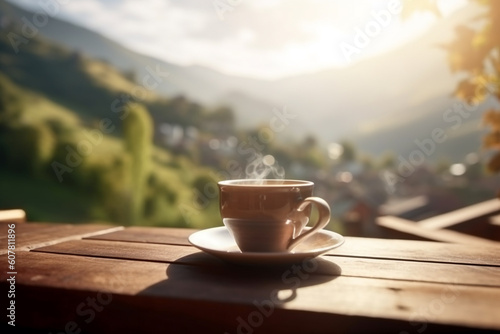 Food, leisure and travel concept. Cup of coffee placed on table in green mountains landscape background background during early morning. Sun illuminating balcony. Generative AI