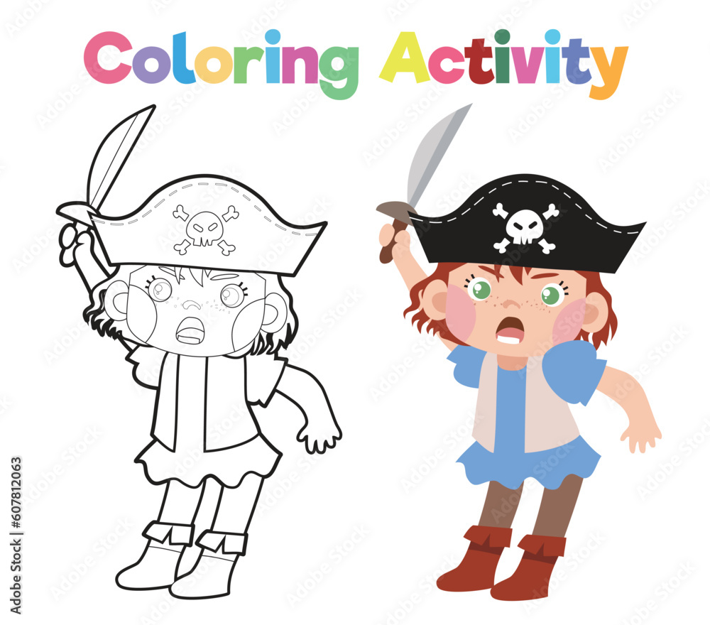 Coloring book for children of a cute pirate boy holding a sword 