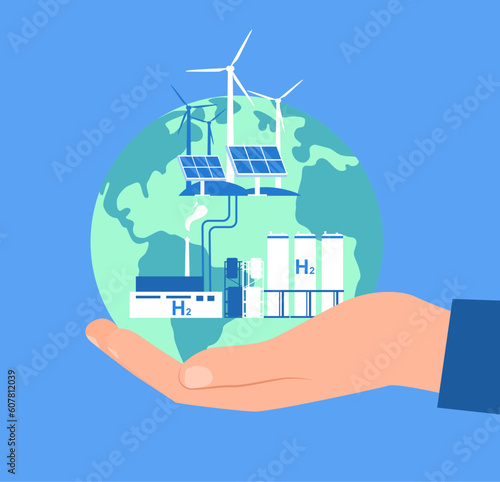 A hand holds a globe and plant for the production of hydrogen in the palm of its hand. The concept of production and use as an energy source of hydrogen. Vector illustration..