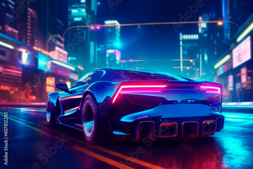 Futuristic sports car on the night city street.AI generated.