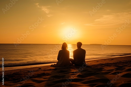 Silhouette of couple lovers watching at sunset on the beach.AI generated