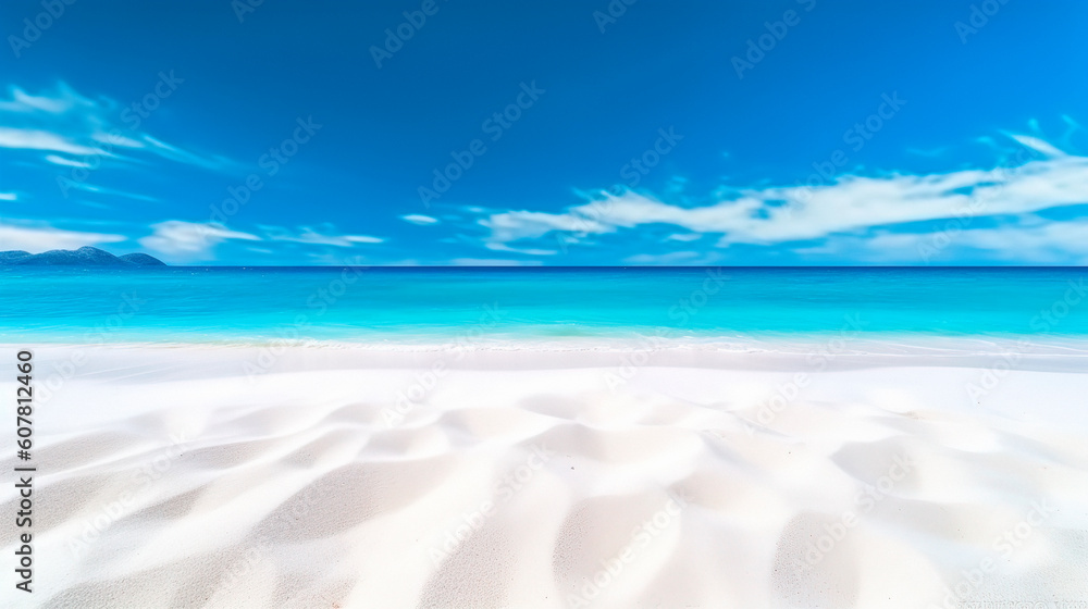 Beach with white sand and blue sky. Generative ai edited