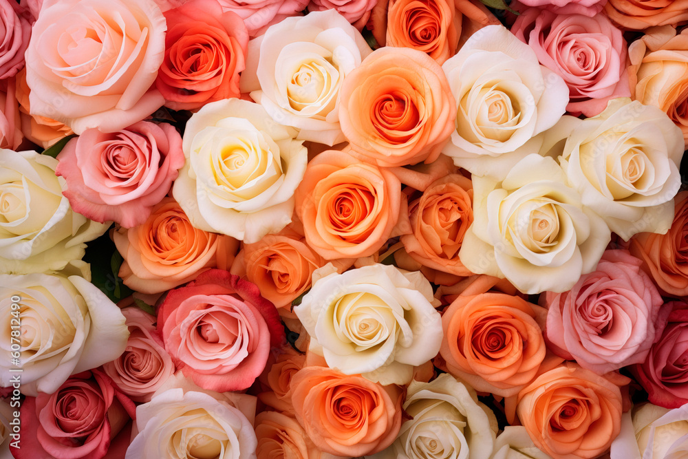 Bunch of multi color roses background top view. Generative ai Bunch of multi color roses background top view. Generative ai