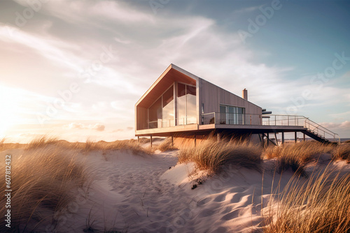 House on the beach, a Scandinavian modern wooden vacation house in sand dunes. Generative ai edited