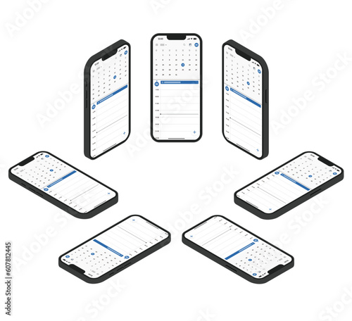 黒いスマートホンのアイソメイラストセット_カレンダー
