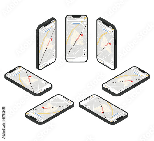 黒いスマートホンのアイソメイラストセット_地図アプリ