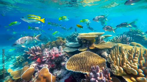 Underwater coral reef with colorful tropical fish and marine life. Generative ai edited