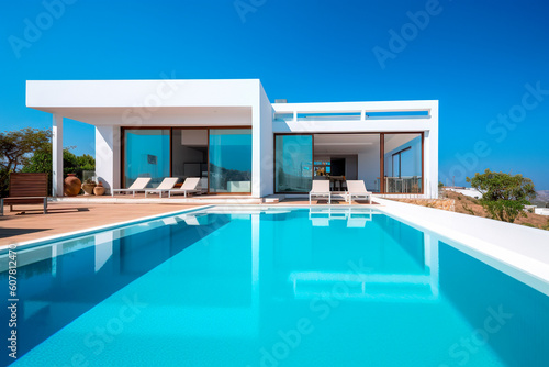 modern luxury summer villa with infinity pool. White and blue color tones. Generative ai edited