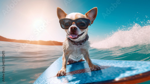 Happy chihuahua wearing sunglasses standing on a surfing board while wave surfing. Generative ai edited © Jezper