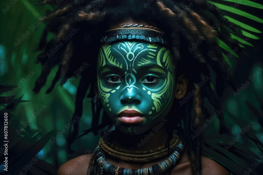 Aboriginal Tribe Girl with Face Painting in the Nighttime Jungle. Generative AI. Aboriginal Tribe Girl with Face Painting in the Nighttime Jungle. Generative AI.