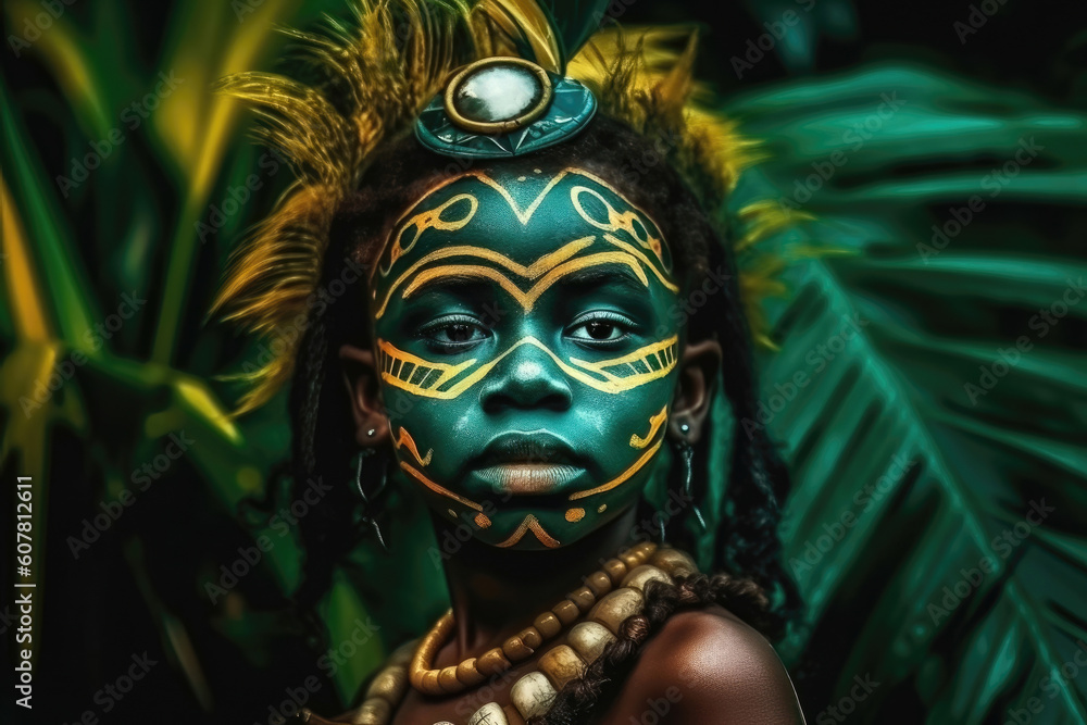 Aboriginal Tribe Girl with Face Painting in the Nighttime Jungle. Generative AI.
