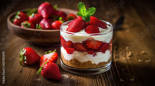 Trifle or cheesecake with strawberry on wood table. Generative Ai