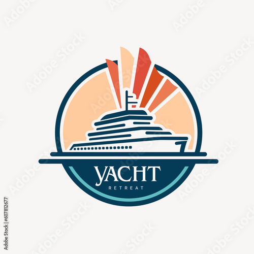 Logo for yacht retreat with a ship on it. The ship is surrounded by a circle and the word yacht is written in the center