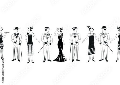Silhouette of a beautiful and elegant girl and man in retro clothes. Seamless pattern 1920s fashion for paper, fabric or gift wrapping.
