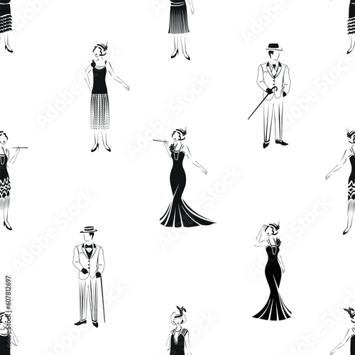 Silhouette of a beautiful and elegant girl and man in retro clothes. Seamless pattern 1920s fashion for paper, fabric or gift wrapping.