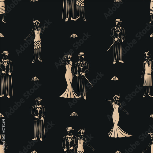 Silhouette of a beautiful and elegant girl and man in retro clothes. Seamless pattern 1920s fashion for paper, fabric or gift wrapping.