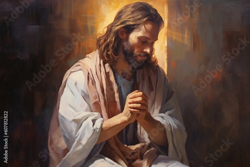 AI illustration. portrait religieux de Jésus en prière, aspect peinture à l'huile lumineux et paisible, mains jointes photo