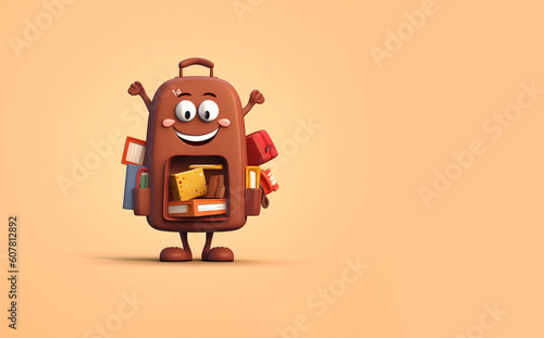 School rucksack cartoon character smiling happy, back to school banner with copy space. Generative AI