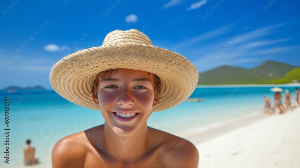 Beautiful Boy Smiling with Straw Hat on Beach by the Sea. Generative AI.	