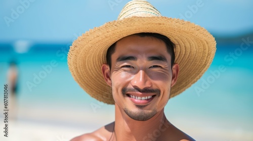 Beautiful Asian man Smiling with Straw Hat on Beach by the Sea. Generative AI. 