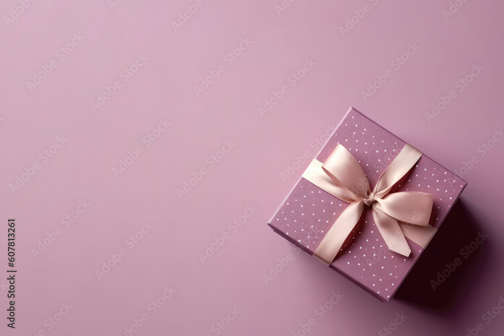 Box With Bow On Pale Purple Color Background, Top View, Copy Space. Generative AI Box With Bow On Pale Purple Color Background, Top View, Copy Space. Generative AI