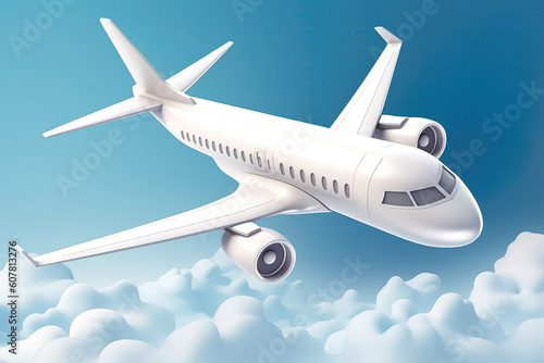 3D Cartoon White Airplane Soaring Through The Air In The Sky. Generative AI