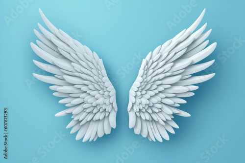 3D Angel Wings On Blue Background. Generative AI © Anastasiia
