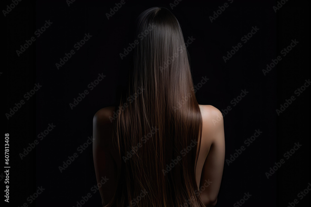 Long Brunette Straight Hair , Rear View On Black Background. Generative AI Long Brunette Straight Hair , Rear View On Black Background. Generative AI