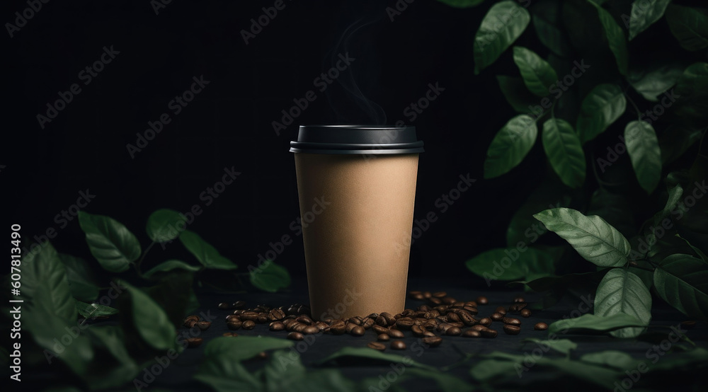 Take out coffee cup mockup on a dark background with coffee beans and green leaves. AI generative Take out coffee cup mockup on a dark background with coffee beans and green leaves. AI generative