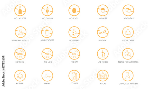 Healthy food and no allergen ingredient icons pack. Vector stock illustration isolated on white background for packaging design stickers - GMO, BPA, MSG, heavy metal, pesticides, filler free. 
