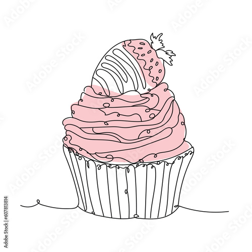 Drawn strawberry cupcake on white background