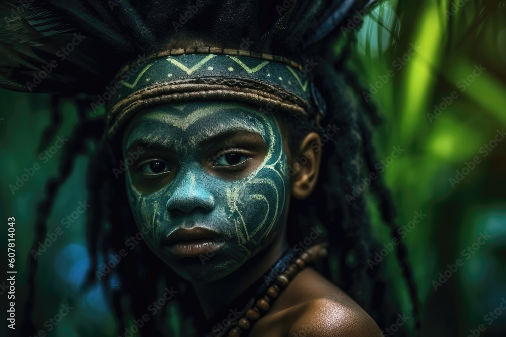 Night in the Jungle: Girl with Tribal Face Paint in Vibrant Greenery. Generative AI.