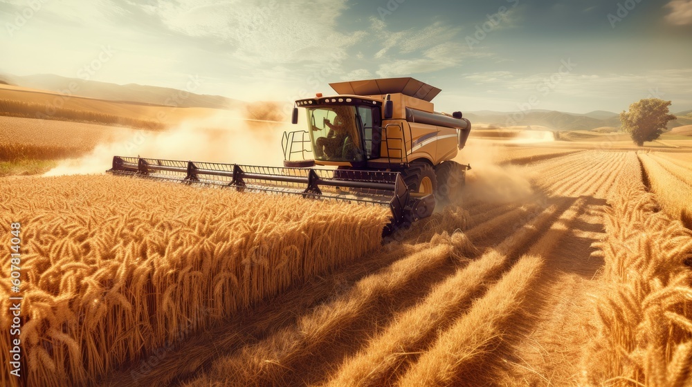 Fototapeta premium Harvester working in a wheat field. Generative AI