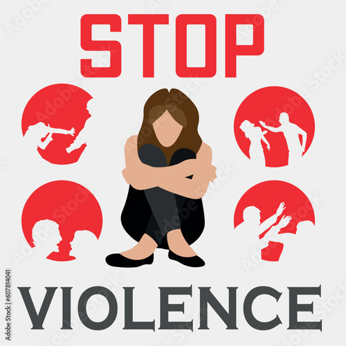 Scared woman, quarreling families and text STOP VIOLENCE on light background