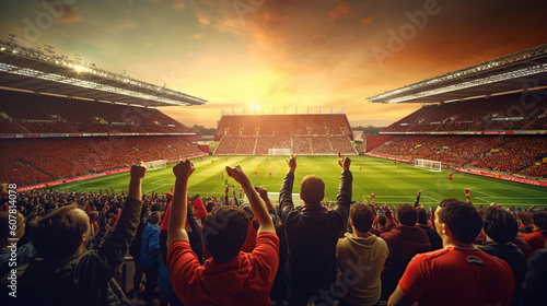 Back view of football, soccer fans cheering their team stadium at evening time.. Generate Ai.