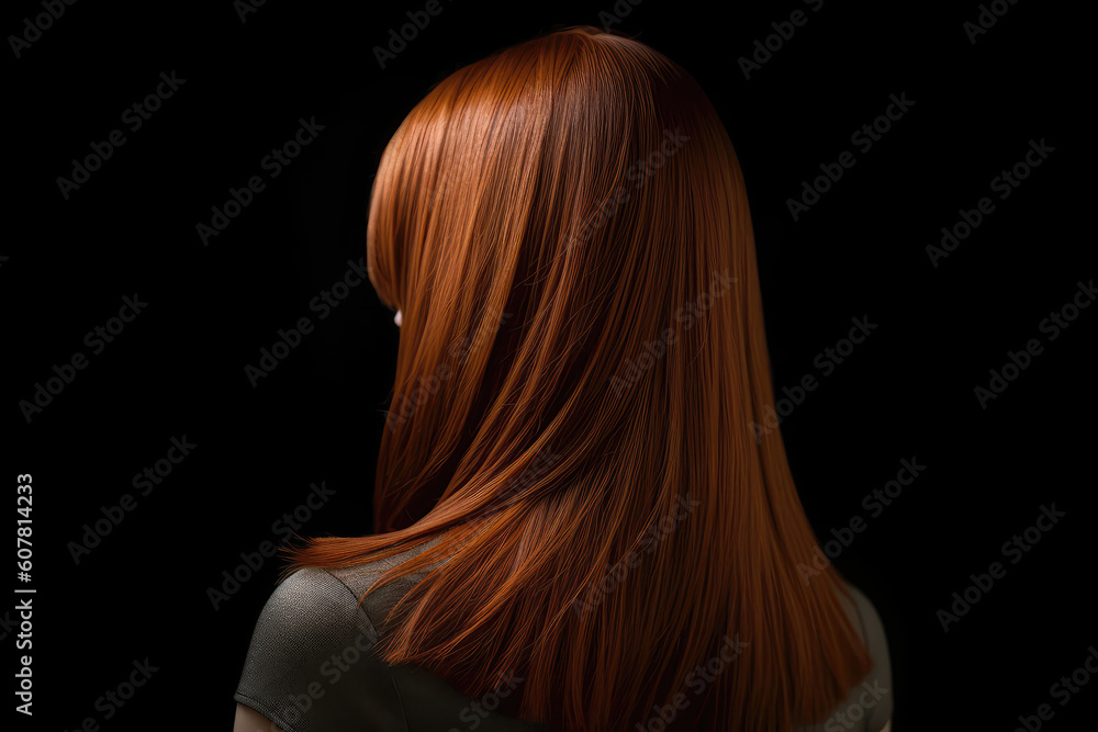 Naklejka premium Medium Length Auburn Straight Hair , Rear View On Black Background. Generative AI