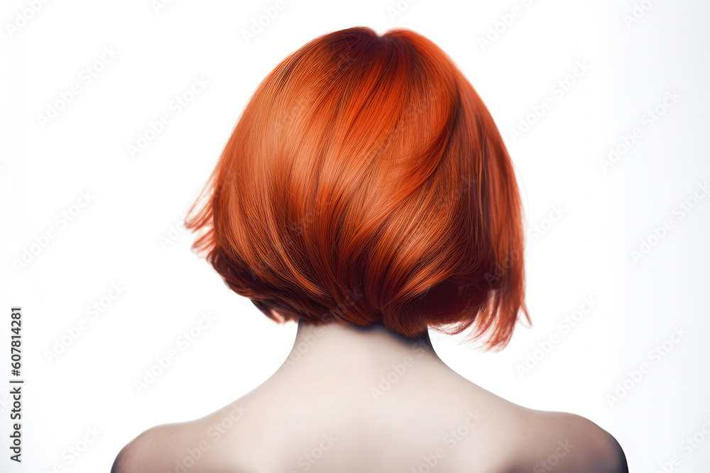 Short Auburn Straight Hair , Rear View On White Background. Generative AI Short Auburn Straight Hair , Rear View On White Background. Generative AI