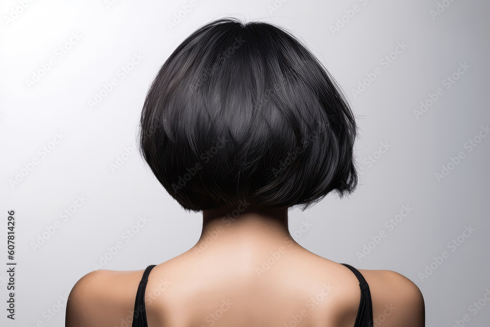 Short Black Straight Hair , Rear View On White Background. Generative AI Short Black Straight Hair , Rear View On White Background. Generative AI