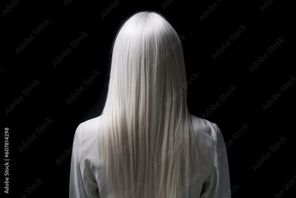 Medium Length White Straight Hair , Rear View On Black Background. Generative AI Medium Length White Straight Hair , Rear View On Black Background. Generative AI