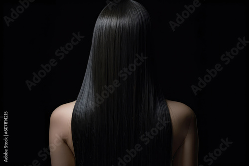 Medium Length Black Straight Hair , Rear View On Black Background. Generative AI