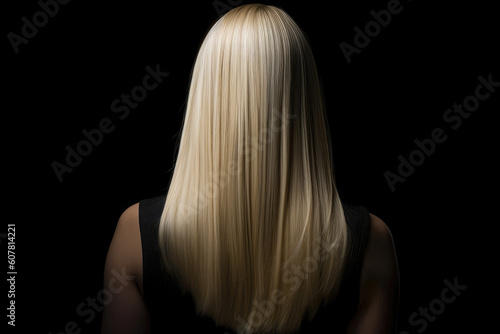 Medium Length Blonde Straight Hair , Rear View On Black Background. Generative AI