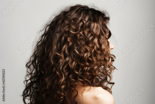 Medium Length Brunette Curly Hair , Rear View On White Background. Generative AI