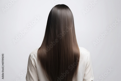 Medium Length Brunette Straight Hair , Rear View On White Background. Generative AI
