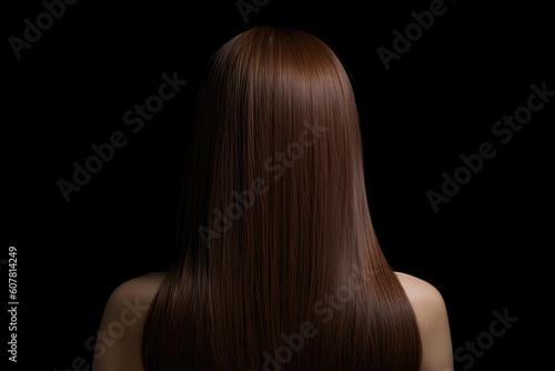 Medium Length Brown Straight Hair , Rear View On Black Background. Generative AI