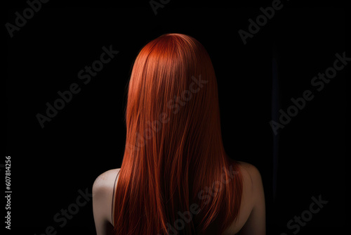 Medium Length Red Straight Hair , Rear View On Black Background. Generative AI