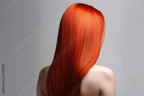 Medium Length Red Straight Hair , Rear View On White Background. Generative AI