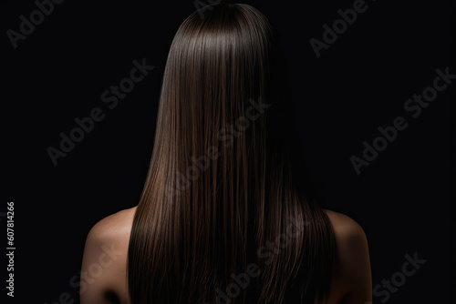 Medium Length Brunette Straight Hair , Rear View On Black Background. Generative AI