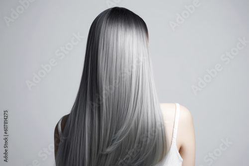 Medium Length Gray Straight Hair , Rear View On White Background. Generative AI